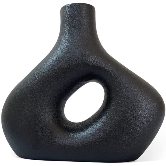 Circle Vase – Matte Black Geometric Donut Vase. Nordic Vase For Stylish Minimalist Home. 8” Black Ceramic Flower Vase For Modern Table, Mantel, Bookshelf. Abstract Black Vases For Decor.