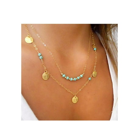 Beaded Turquoise Jewelry Set SEXY SPARKLES Sexy Sparkles Acrylic Boho Chic Multilayer Layered Necklace Link Cable Chain with Turquoise Beads Sequins ()