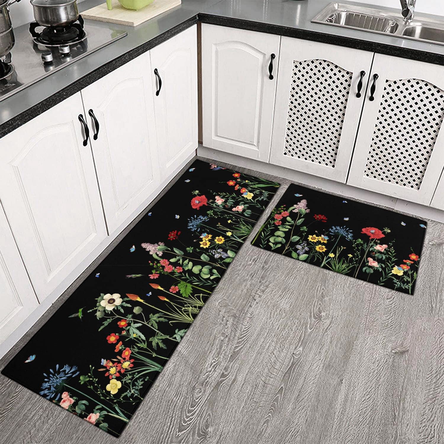 Flower Kitchen Rugs Summer Floral Kitchen Rugs and Mats Summer Kitchen Floor Mat Spring Kitchen Rugs Floral Rug for Kitchen Decorative Doormat Runner Rug for Laundry, Bedroom, Bathroom, Front Door