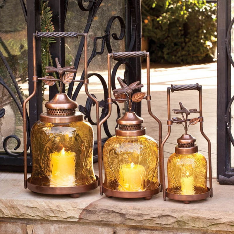 Lighting, Dragonfly Nested Lantern Set, Amber, Metal and Glass, Set of