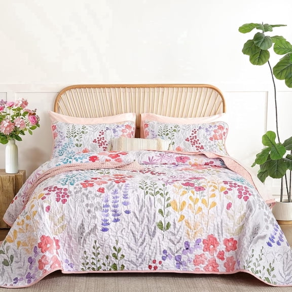 Dintszyayue Quilt Set Queen Size 3-Piece, Pink Floral Soft Coverlet Bedspread, All-Season Cozy Bedding for Adult (90"x96")