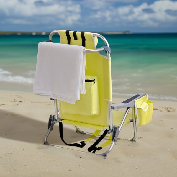 63*65*82cm Short Oxford Cloth Silver White Aluminum Tube Bearing 100kg Beach Chair with Cup Holder Storage Pouches Yellow