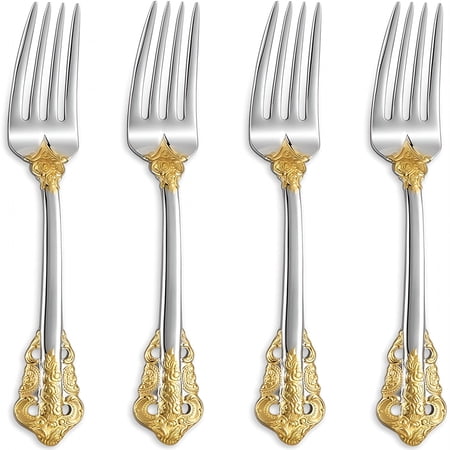 ACDANC Luxury Dinner Fork,Set of 4,18/10 Stainless Steel,8 Inches,Dishwasher Safe,Mirror Polished,Silverware Fork Set (Gold Accent)