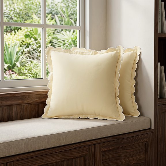 REGALWOVEN Cotton Throw Pillow Covers Cushion Cases Set, Scalloped Wavy Edge Designs, Modern Home Decor 2 Pcs Beige 18" x 18"