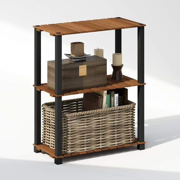 Furinno Turn-N-Tube 3-Tier Wood Slat Multipurpose Shelf Display Rack with Square Poles, Natural/Black