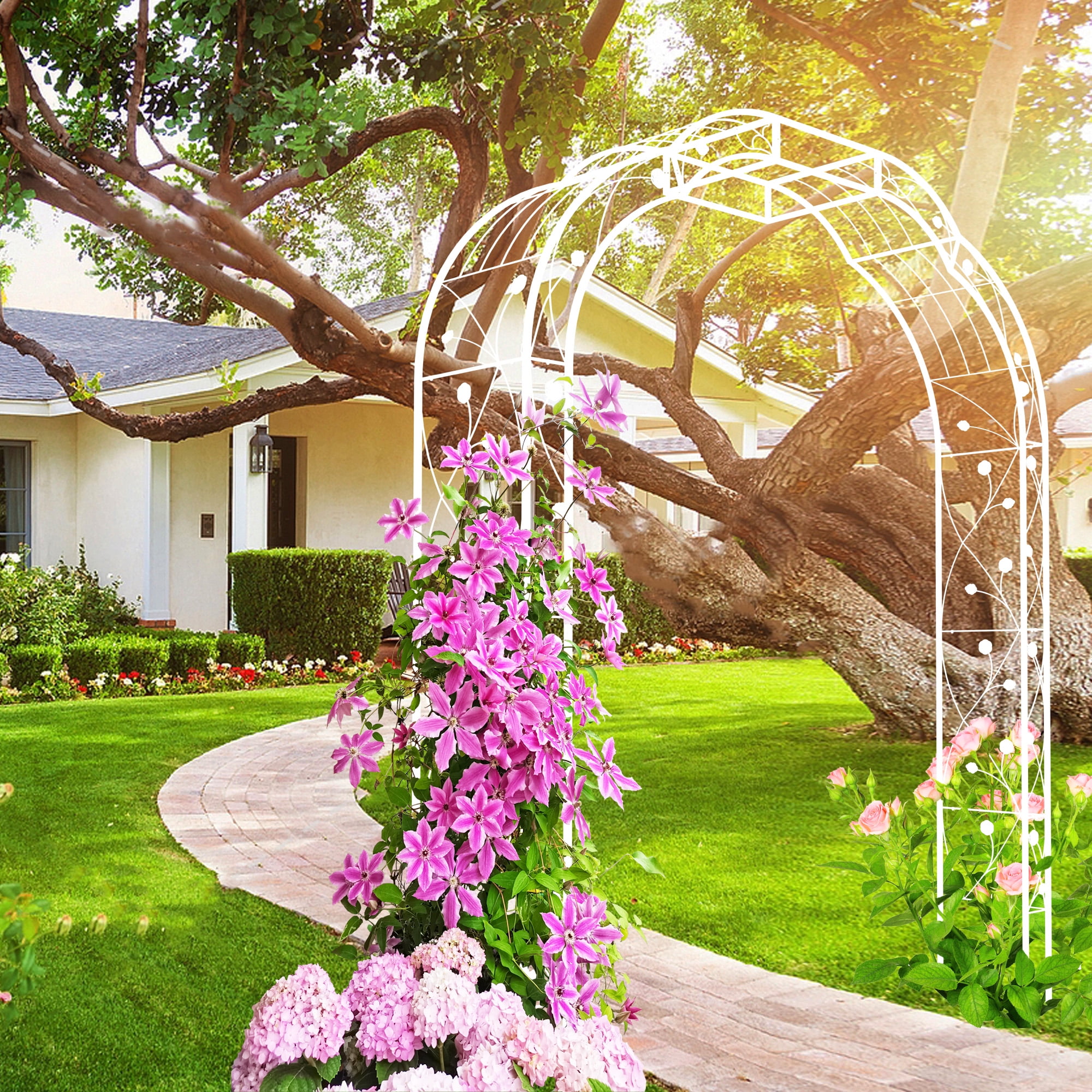 Aukfa Metal Garden Arch, Garden Arbor Trellis Climbing Plants Wedding Arch,74.4" x 98.4", White
