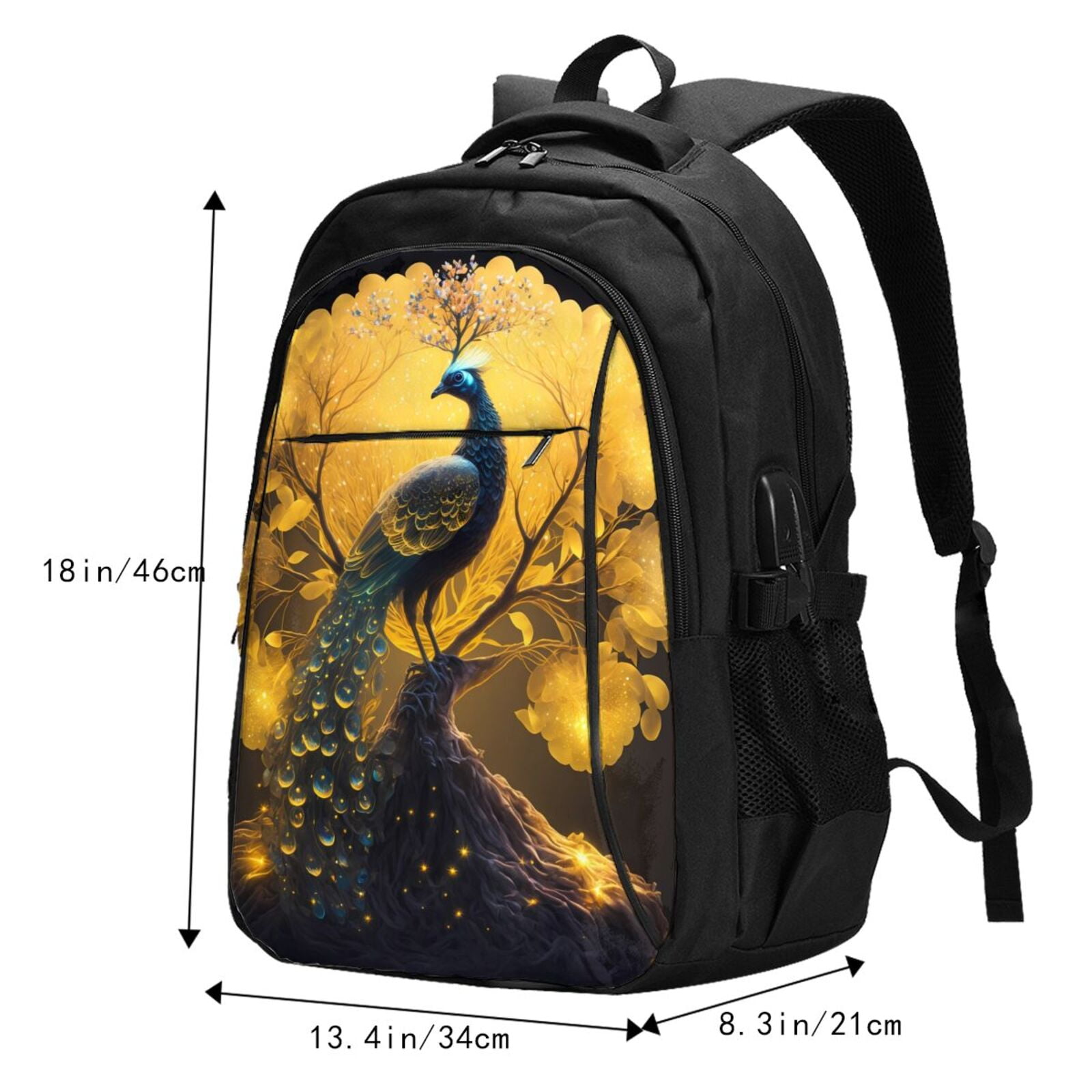 Vsdgher Elegant Gold Leaf Peacock Print Travel Laptop Backpack, Laptops Backpack with USB Charging Port, Water Resistant Computer Bag Gift for Men & Women