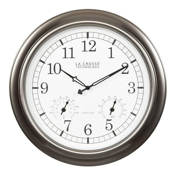La Crosse Technology 18 Inch Indoor/Outdoor Classic Plastic Pewter Atomic Analog Clock, WT-3181PL