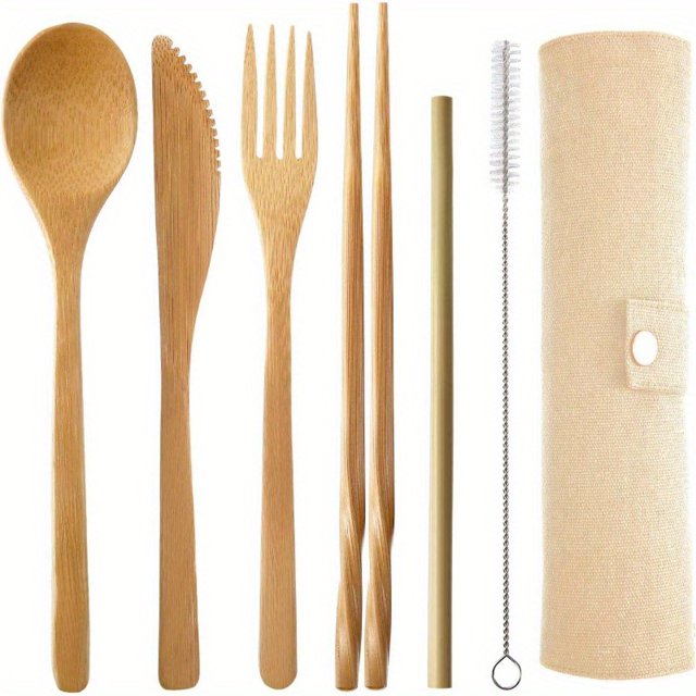QUTETN Bamboo Travel Cutlery Set Include Reusable Knife Fork Spoon Chopsticks Straw Bamboo Utensils Camping Flatware Travel Utensil Set for Picnic Offi and School Lunch