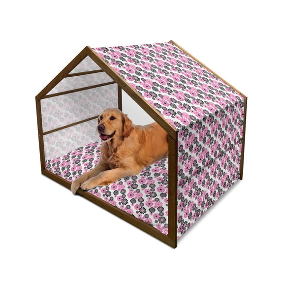 Geometric Pet House, Feminine Floral Pattern Nature Inspired Old Fashioned Blooming Flowers, Outdoor & Indoor Portable Dog Kennel with Pillow and Cover, 5 Sizes, Hot Pink White Black, by Ambesonne