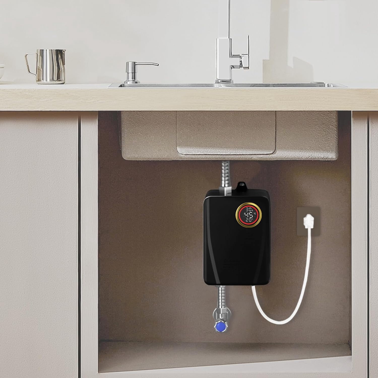 3KW Electric Tankless Water Heater, 110V Electric Water Heater Instant Hot Shower Kitchen Heater LED Display, Under Sink Plug in Tankless Water Heater on Demand for Kitchen Sink Faucet (Black)