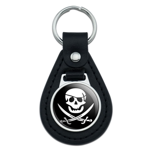 Pirate Skull Crossed Swords Jolly Roger Black Leather Keychain