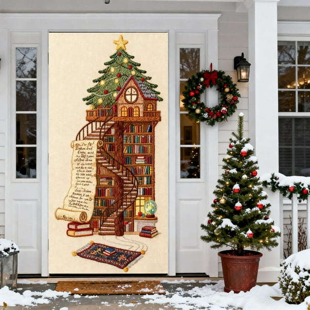 Cortina Navideña con Bordado Estereoscópico de 35 X 72 Pulgadas, Ideal para Puertas y Paredes Navideñas, Ideal para Festivales y Fiestas.
