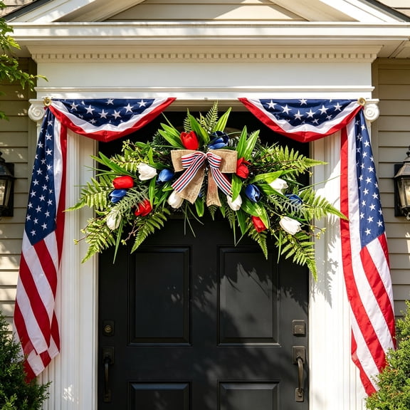 Cififendec 250th Anniversary Tulip Floral Swag, 23.62", Patriotic Independence Day Artificial Flower Wreath with American Flag for Front Door & Porch Decor