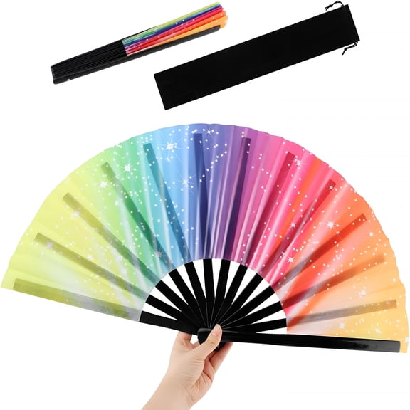 XIBUFE Large Folding Hand Rave Fan Popping Fan for Line Dancing,Big Foldable Clacking Fans Clap Fans Boots on the Ground Dance,Party,Decoration,Festival (Color: Rainbow)