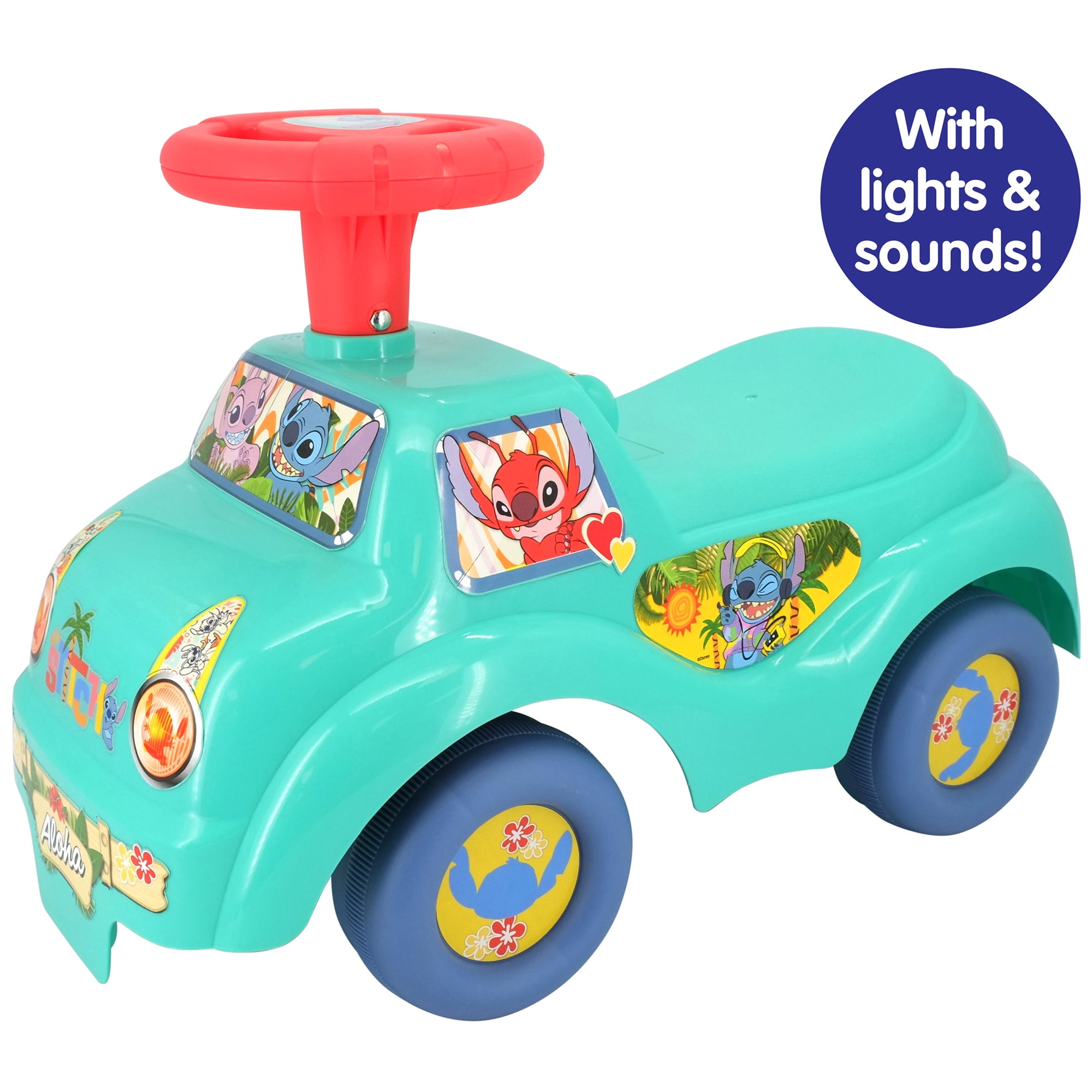 Kiddieland: My First Ride-On - Stitch - Teal & Red, Disney Character Lights & Sounds Foot-To-Floor Vehicle, Spin Roller & Steer Wheel, Toddler 12-36mo