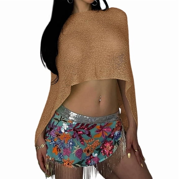 Women Sheer Poncho Top Light-Weight Knit Crochet Shrug Mesh Batwing Sleeve Sweater Cover Up Khaki S