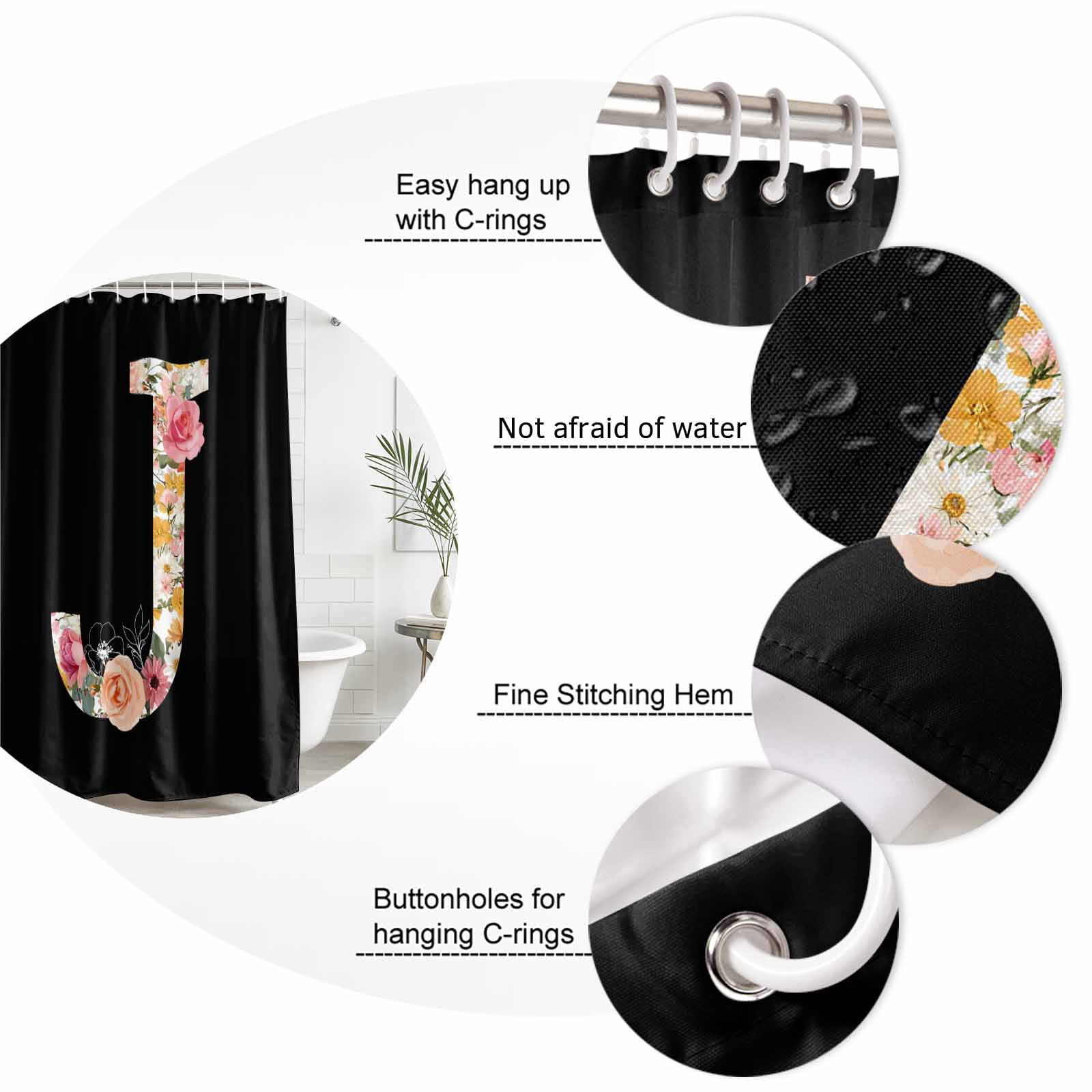 Black Letter J Flower Bathroom Shower Curtains with Hooks, Watercolor Alphabet J Pink Beige Floral Leaf Waterproof Fabric Washable Shower Curtain for Home Hotel Bathtub Decor 72x72 Inch