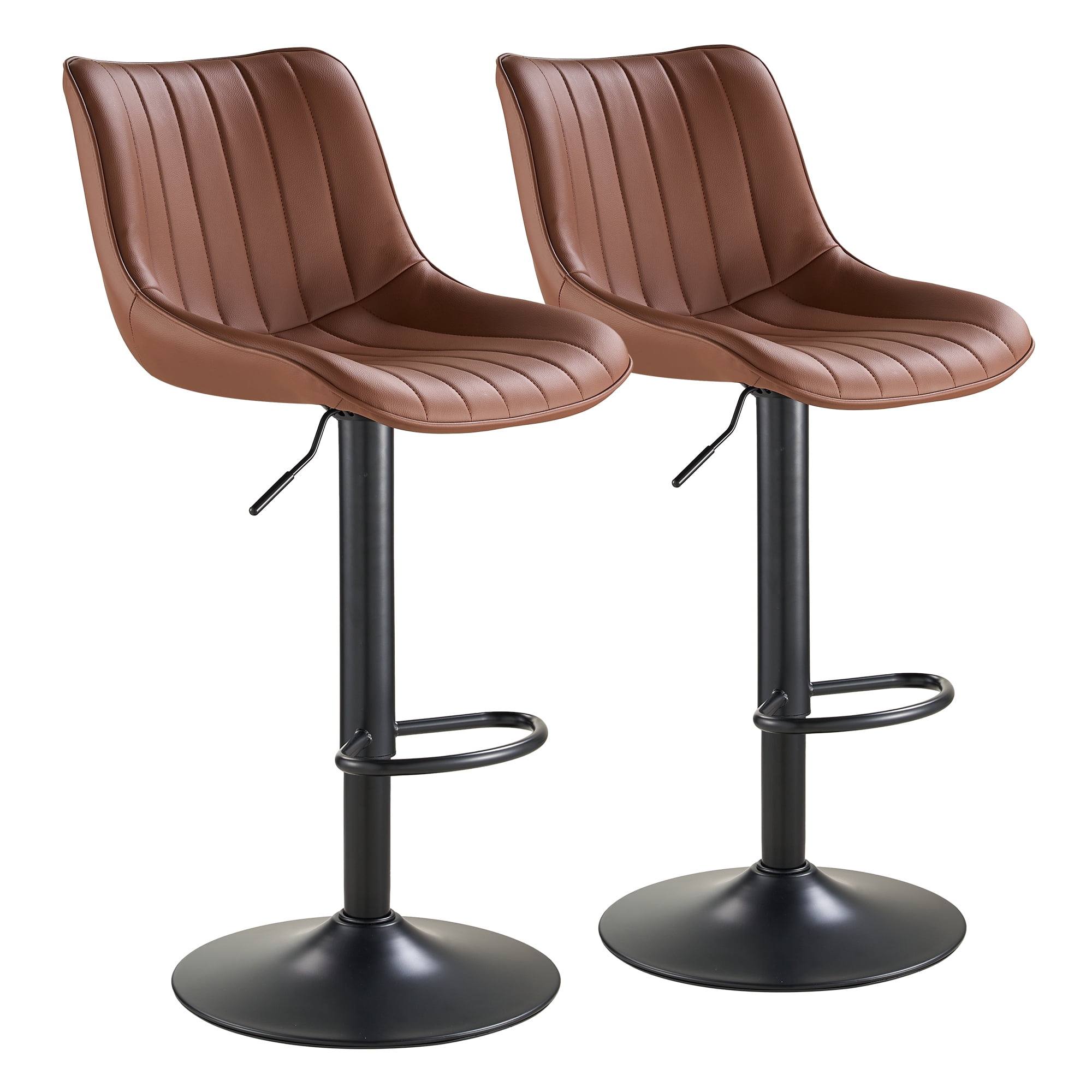 SAETSFEG Bar Stools Set of 2, Adjustable Swivel Counter Height Bar Stool with Footrest, Modern PU Leather Bar Chairs for Kitchen Island, Dining Room, Brown