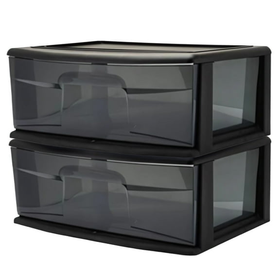 Open Box Homz Plastic 1 Drawer Wide Storage Cart, Black with Smoke Drawer, 2pk