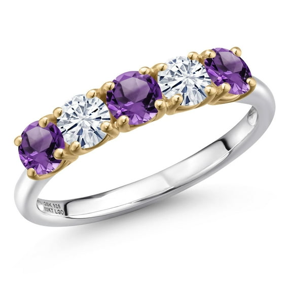 Gem Stone King 925 Silver and 10K Yellow Gold Purple Amethyst and White Moissanite Wedding-Bands Ring for Women | 1.21 Cttw | Round 4MM | Gemstone February Birthstone | Size 7