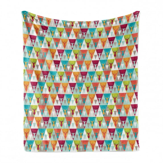 Indie Soft Flannel Fleece Blanket, Triangles Pattern with Deer Elk Portraits Geometric Colorful Funky Hipster Tile Urban, Cozy Plush for Indoor and Outdoor Use, 70" x 90", Multicolor, by Ambesonne