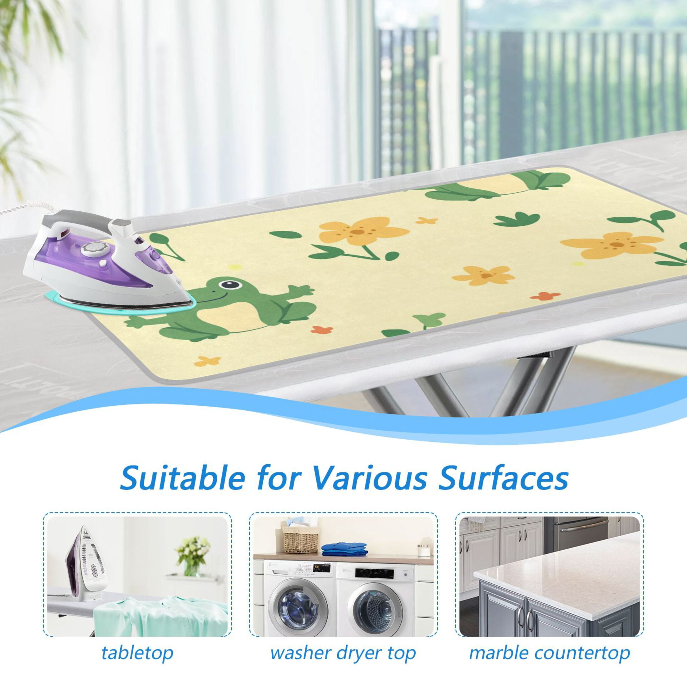 Cartoon Frogs with Flowers and Leaves Ironing Mat Blanket Portable Travel Ironing Pad Heat Resistant Pad 47.2" x 27.6”