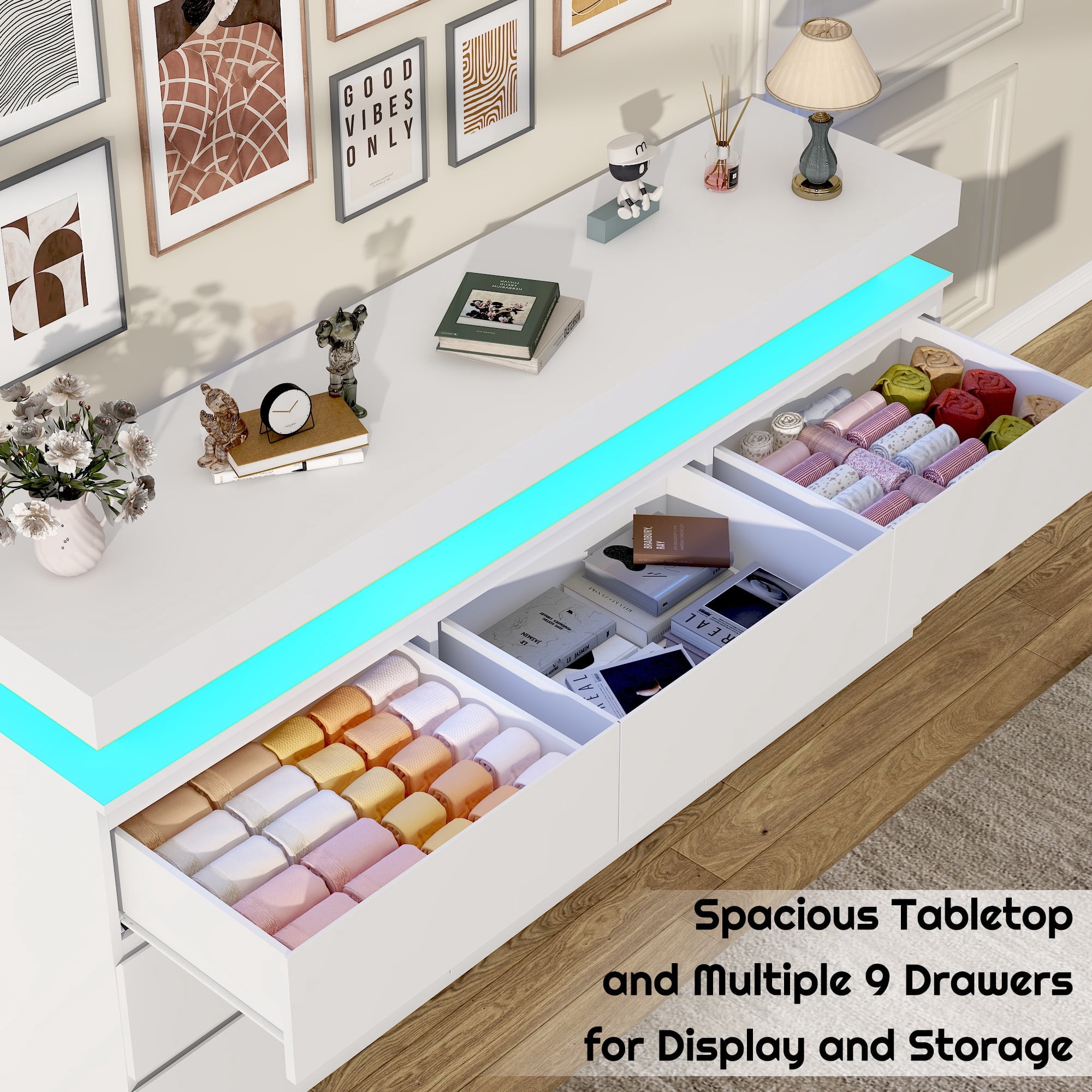 ChVans White 9 Drawer Dresser with LED Lights, 63" Wide Modern Wood Chest of Drawers with Charging Station & Handle Free, LED White Dresser for bedroom, Living Room, Entryway, Hallway