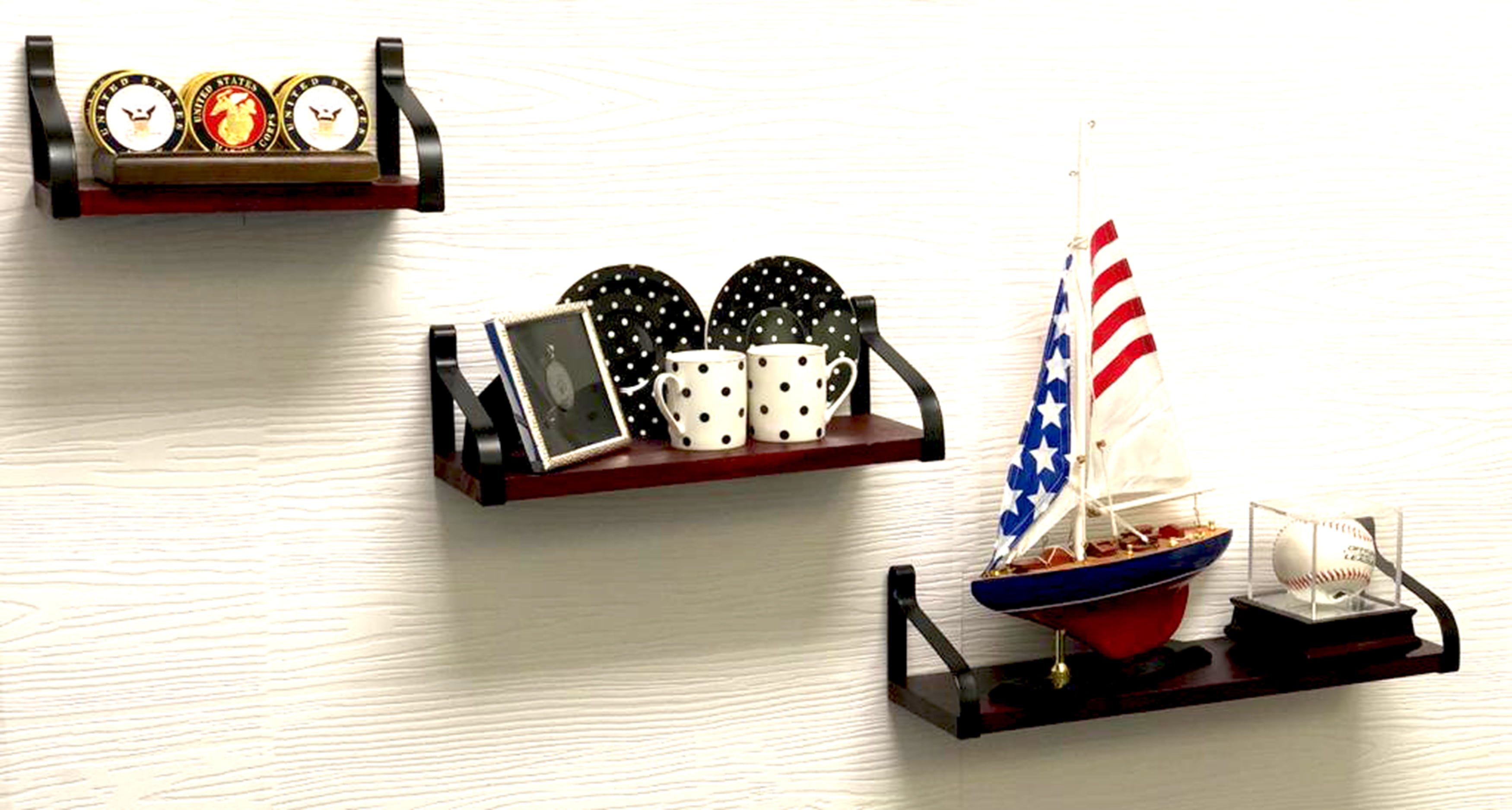 DECOMIL Floating Shelves Wall Mounted, Rustic Wood Wall Storage Shelves Set of 3 for Any Wall Space for Living Room, Bathroom, Bedroom, Kitchen, Garage, and Office (Cherry)