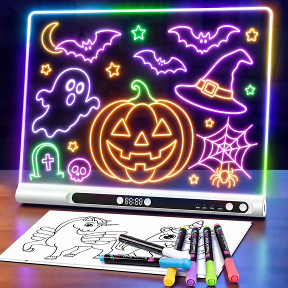 Geokay 16" Rechargeable LED Drawing Board – 9-Color Glow Modes, Built-in Stand & Timer, Dry Erase Doodle Pad, Sketching Gift Toy for Kids, Girls, Boys, Halloween Party Decoration (White)