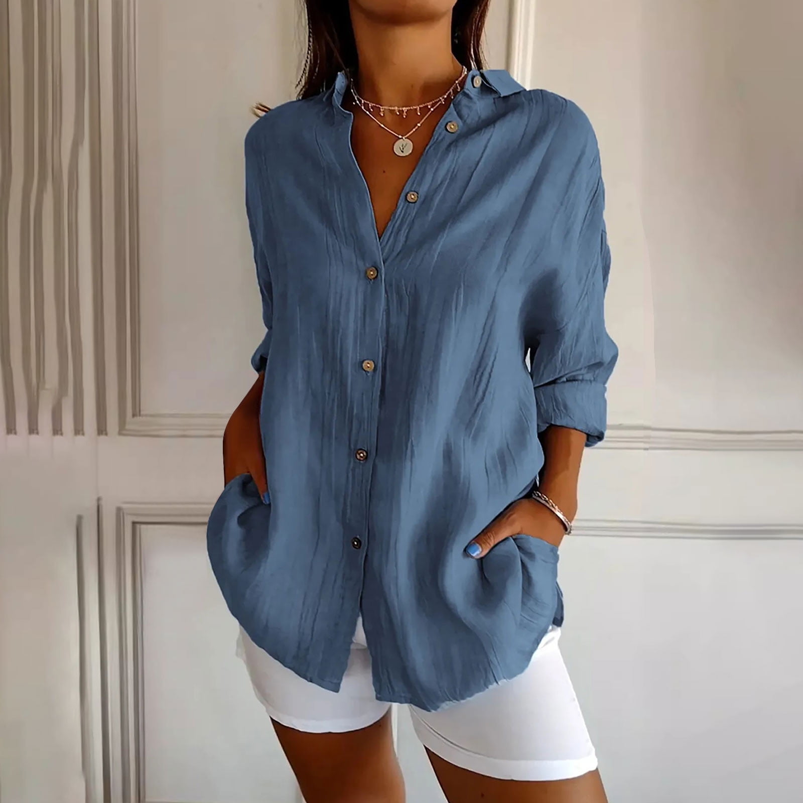ylioge S-4X Plus Size Shirts for Women 3/4 Sleeve Button-Down Blouses Tops Womens Casual Lightweight Solid Color Collared Work Tshirts Top