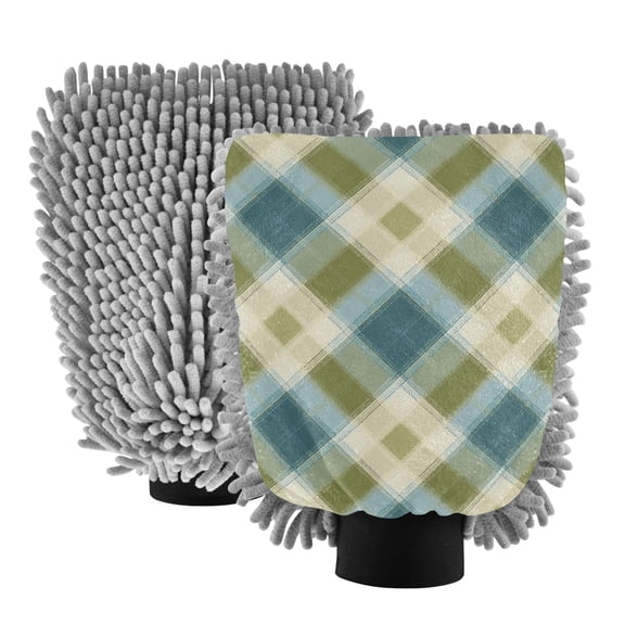 Microfiber Car Wash Gloves With Chenille & Polyester Terry Scratch-Free Cleaning Elastic Cuffs Green&beige Tartan Pattern