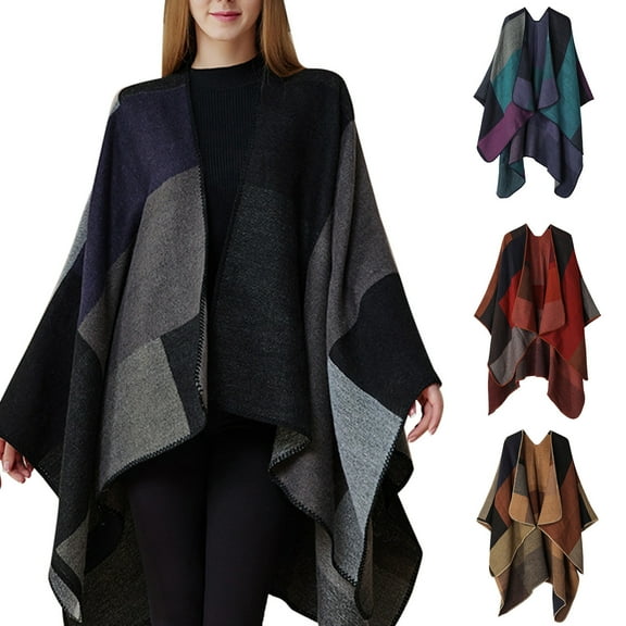 Womens Plaid Cape Poncho with Open Front Design Oversized Knit Wrap for Fall and Winter Layering