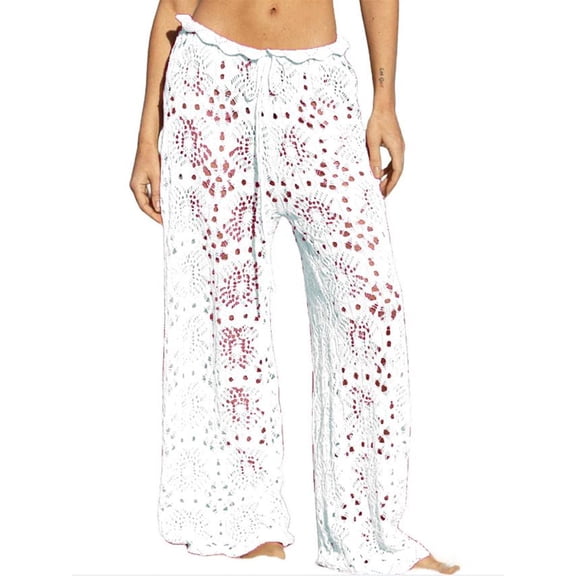 Womens Crochet Swimsuit Coverup Pants High Waisted Drawstring Sexy Sheer Mesh Knit Wide Leg Beach Pants