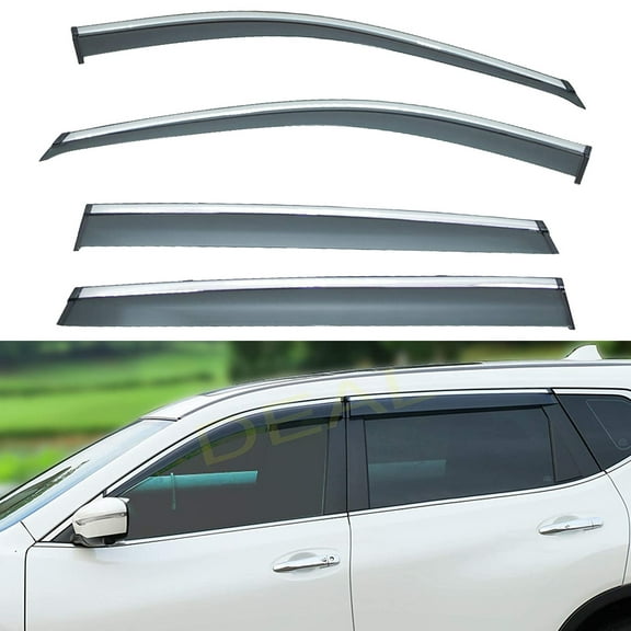 4Pcs Outside Mount Tape On/Clip On Type Smoke Tinted Sun/Rain Guard Vent Window Visors With Chrome Trim Compatible With 2014-2020 X-Trail Rogue