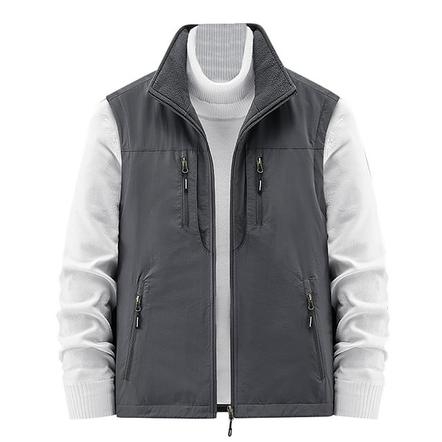 Men's Vest Fall Multi Pocket Turn Down Collar Have Zipper Solid Color Warm Outerwear Vest