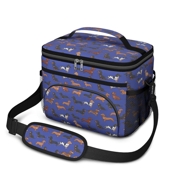 Dachshund Blue Pattern Insulated Lunch Box for Women Men, Medium Leakproof Cooler Bag with Adjustable Strap, 10"x6.7"x8"