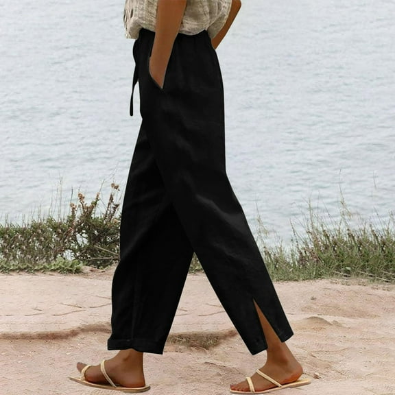Cagogo Women's Plus Size Straight Leg Pants with Pockets Elastic Waist Solid Casual Vacation Ankle Trousers Loose Comfortable Travel Beach Lounge Pants, Black 5XL