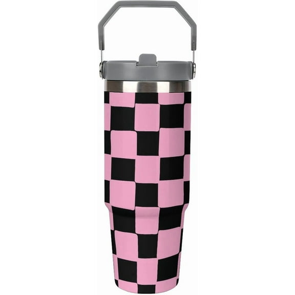 Large Capacity Car Cup 30 Oz Pink Chessboard Checkered Stainless Steel Flip Straw Travel Tumbler Coffee Mug Hand Drawn Insulated Water Bottle Tumbler with Lid And Straw LeakProof