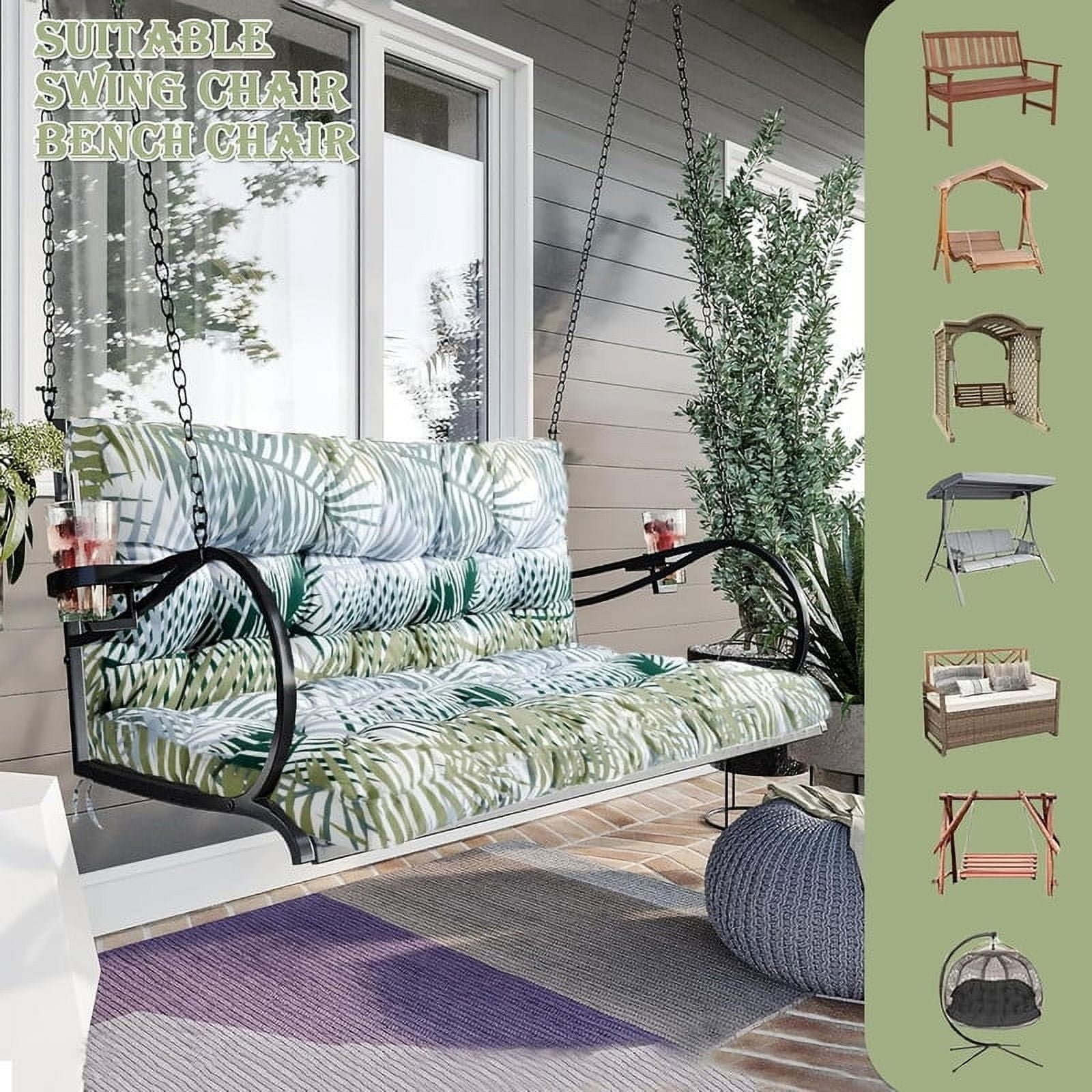 Replacement Cushions for Swing, Waterproof Porch Swing Cushion, 2-3 Seat Outdoor Bench Cushion with Backrest for Patio Furniture Garden Porch Loveseat Glider Pad (Bamboo Leaves 47*40in)