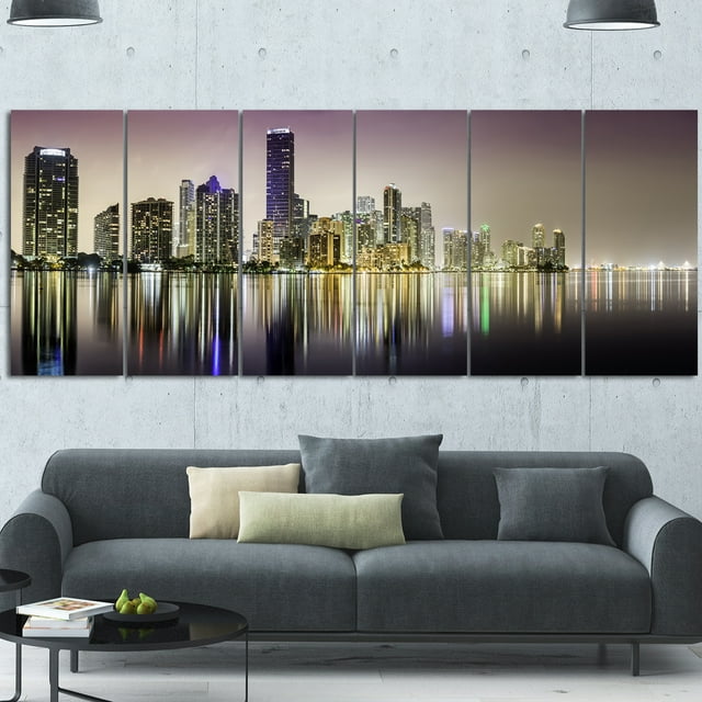 Designart - Panorama de la Nuit au Centre-Ville de Miami - Impression sur Toile Extra Grand
