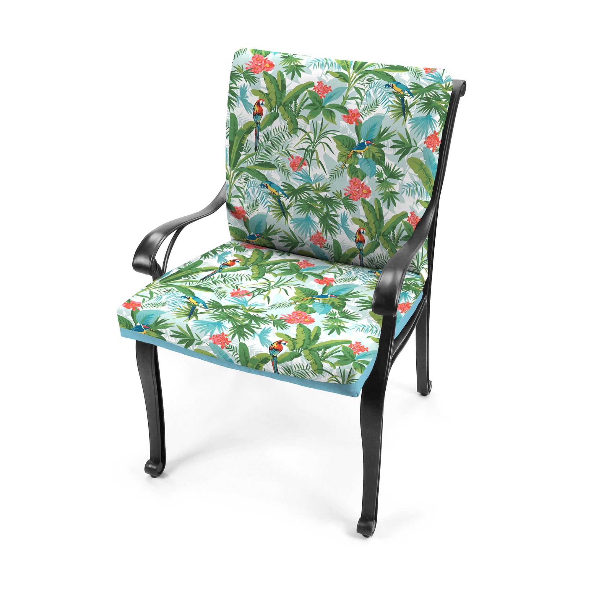 Jordan Manufacturing 44" x 21" Canvas Light Aqua Solid and Jabber Clover Multicolor Tropical Reversible Rectangular Outdoor Chair Cushion with Ties and Hanger Loop