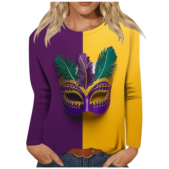 Oplxuo Mardi Gras Shirt Women Sequin Bling Glitter Carnival Outfits Long Sleeve Cute Tops Round Neck Trendy Mask Print Blouses