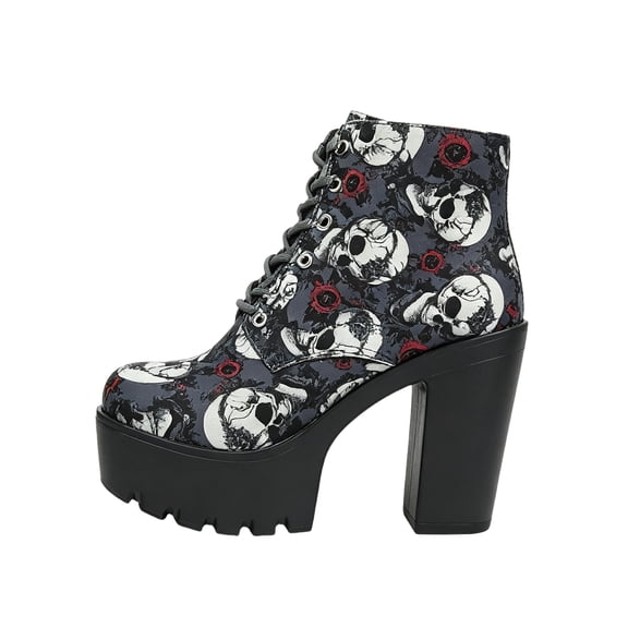 QWKLEAJ Goth Platform Ankle Boots for Women, Lace‑Up Chunky High Heel Combat Booties, Victorian Floral Plaid Printed Upper Lug Sole Shoes for Halloween Party Street Outfit, Gray 6.5