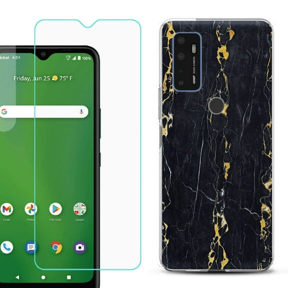 Slim-Fit Gel TPU Phone Case for Cricket Dream 5G, with Tempered Glass Screen Protector, by OneToughShield ® - Marble / Gold/Black