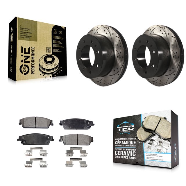 Transit Auto Rear Coated Drilled Slotted Disc Brake Rotors and Ceramic Pads Kit for Car 2011 Chevrolet Silverado 1500 Hybrid KDT-100441