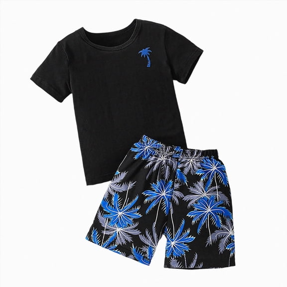NOLDARES Baby Boy Outfits 2pcs Crewneck Short Sleeve T-Shirt Elastic Waist Drawstring Shorts Dinosaur Truck Print Summer Clothes(Black,3-4 Y)