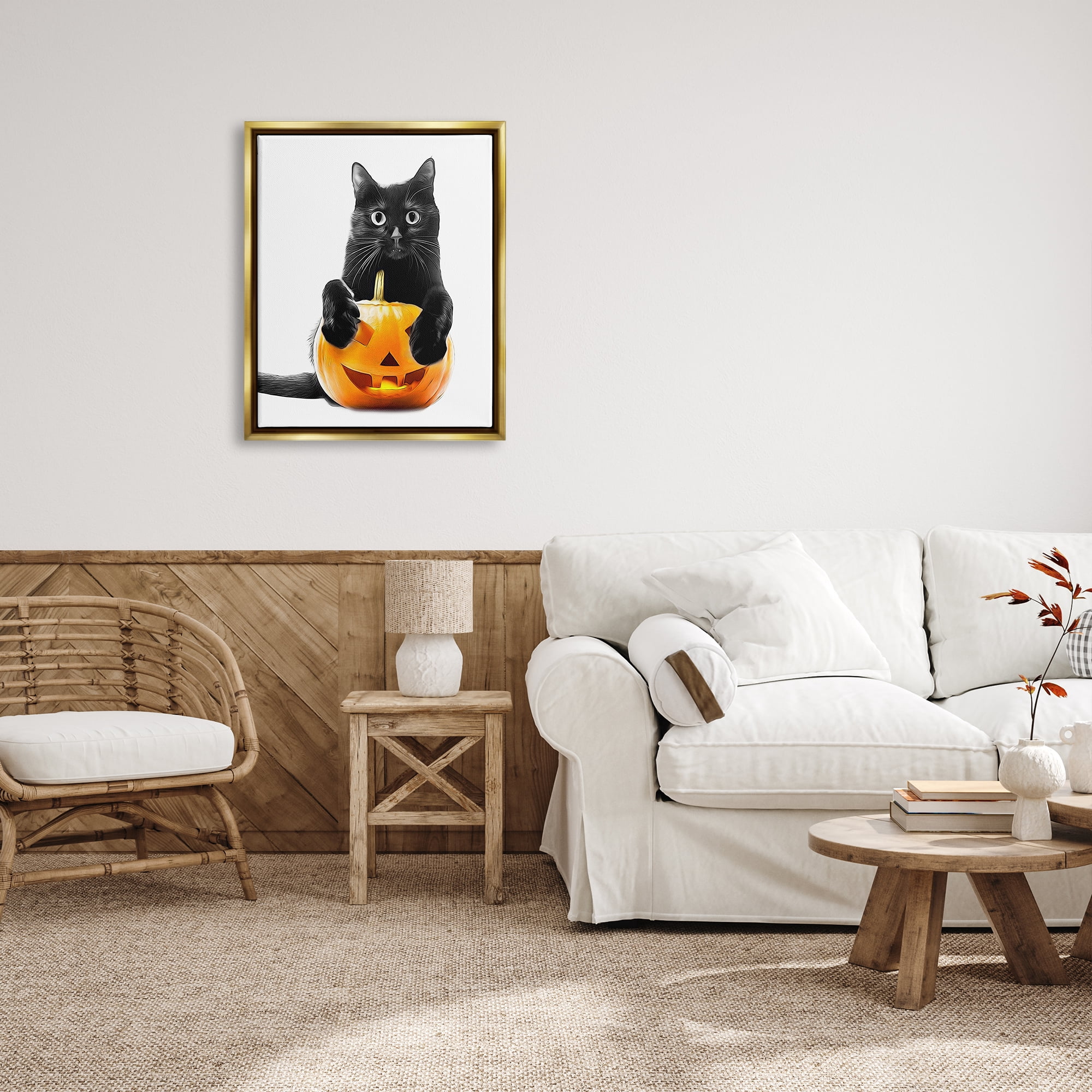 Stupell Industries Black Cat & Jack-o-Lantern Holiday Painting Gold Floater Framed Canvas Art Print Wall Art, 25 x 31