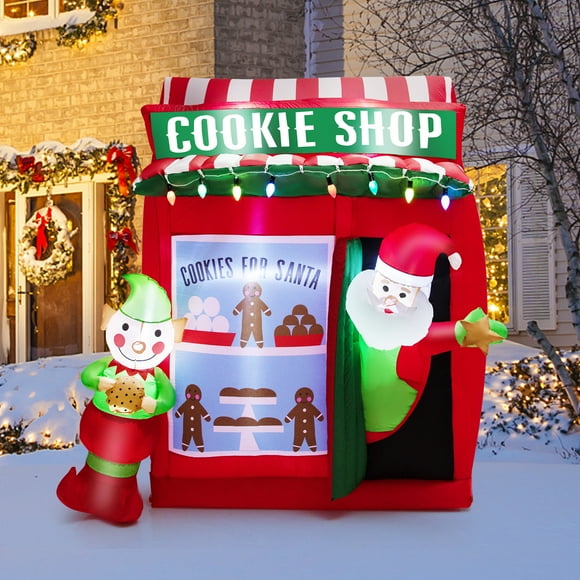 Patiojoy 6.5 FT Height Christmas Inflatable Santa Claus, Outdoor Self-inflatable Decoration w/ Cookie Shop Gingerbread Man, Colorful Lights Lighted Blow up Wave Santa Claus