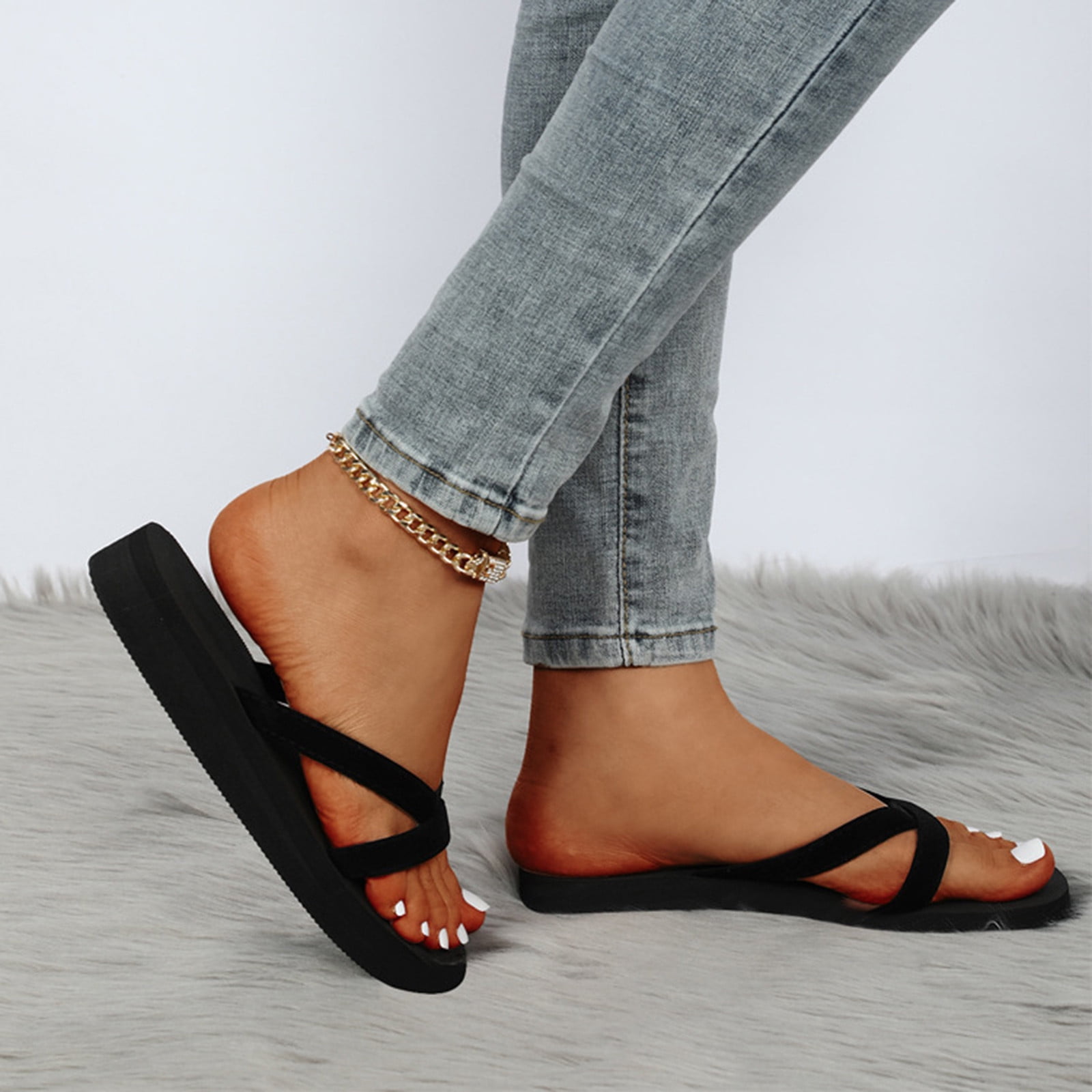 Women'S Sandals Summer Beach Sandals For Women Rhinestone Cute Flats Dressy Shoes Sandal,Black